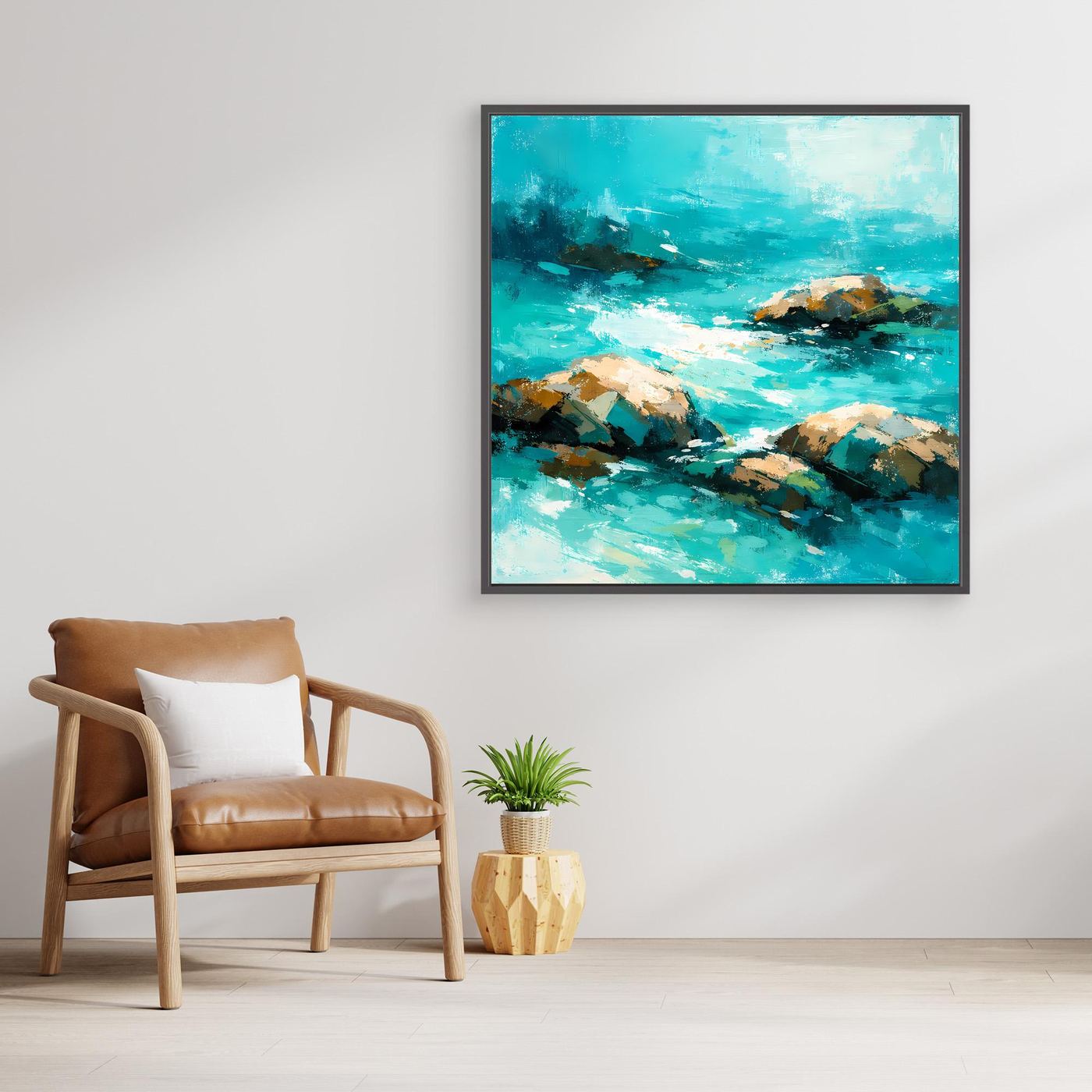 Leinwand Abstrakte Meereslandschaft mit Felsen | Modernes Küsten Wandbild Türkis