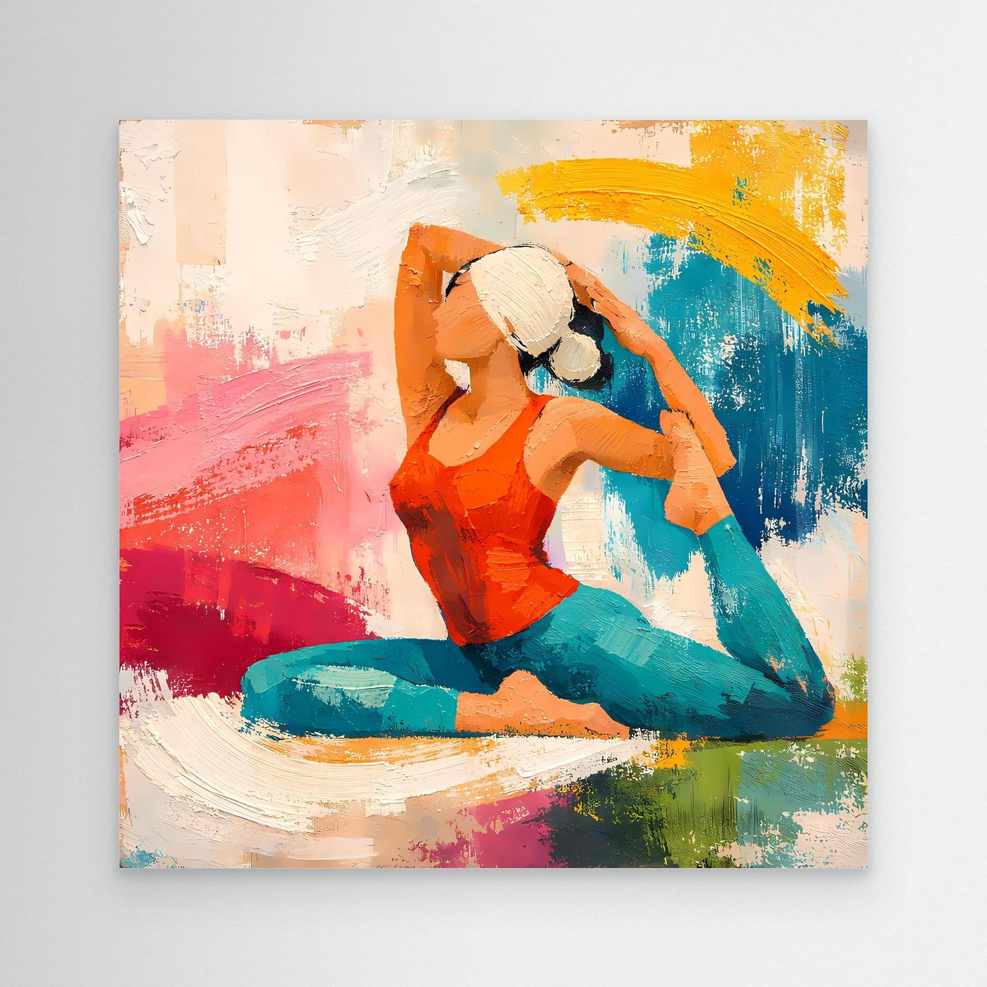 Leinwand-Wandbild mit abstrakter Yoga-Figur: kniende Frau mit erhobenen Händen, bunt