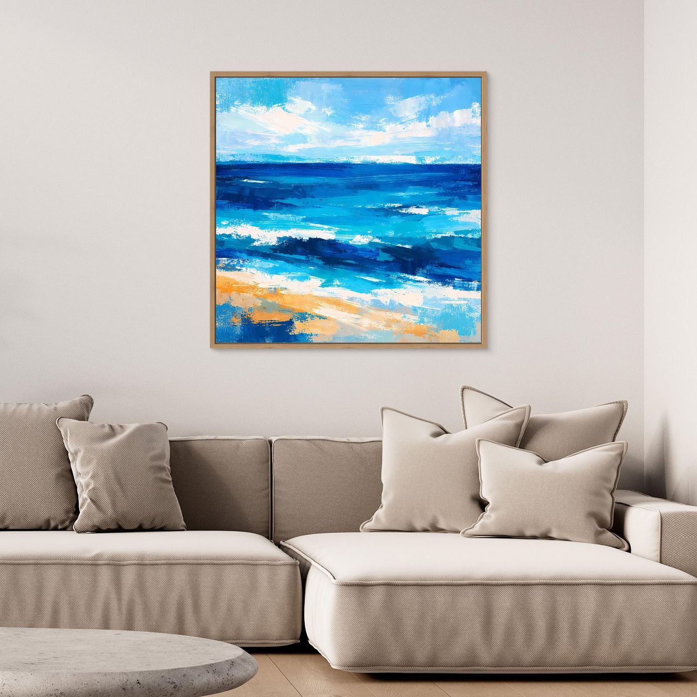 Abstract ocean canvas wall art with blue wave strokes and a light wood frame
