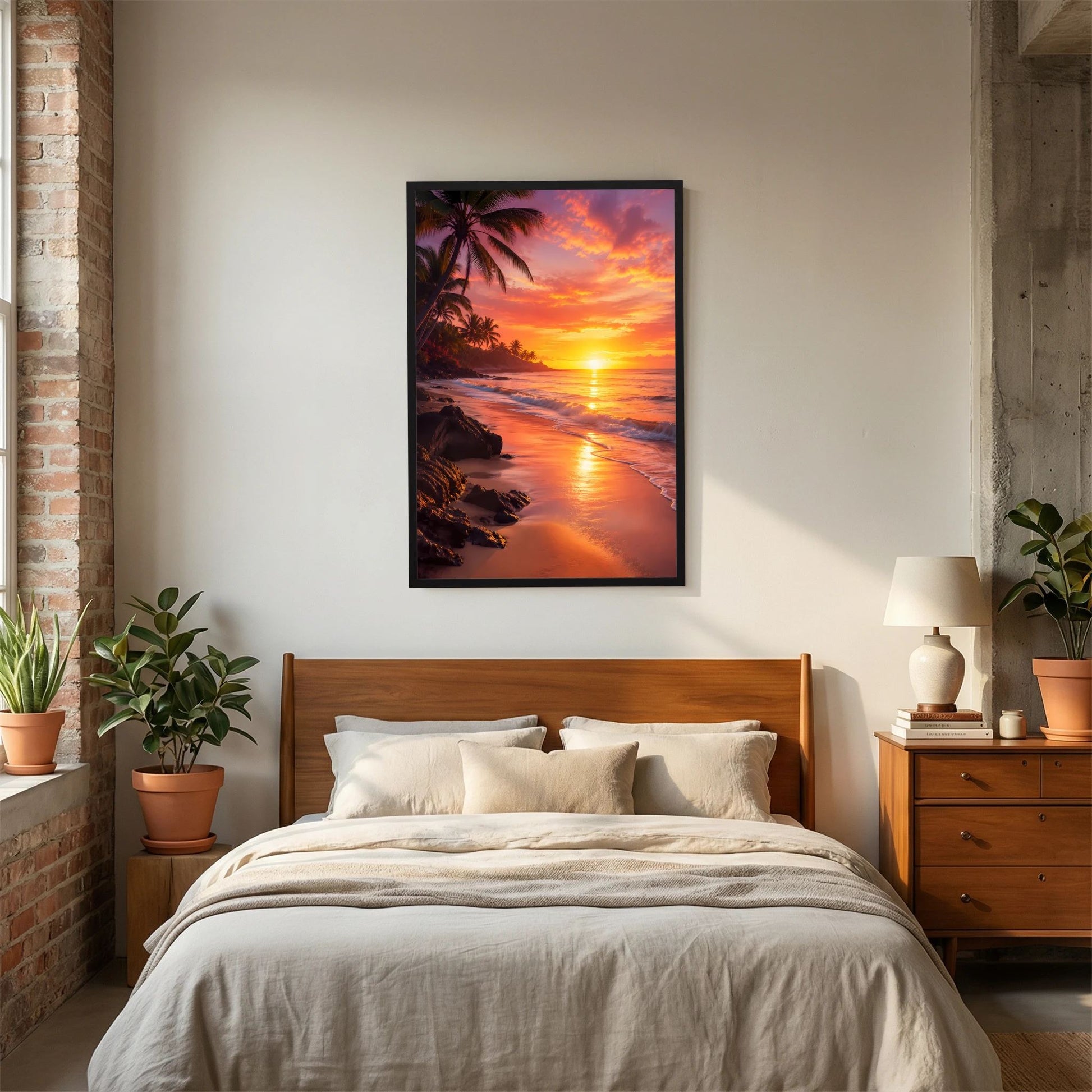 Hochformat-Poster tropischer Strand bei Sonnenuntergang mit Palmen und Meer, schwarzer Rahmen