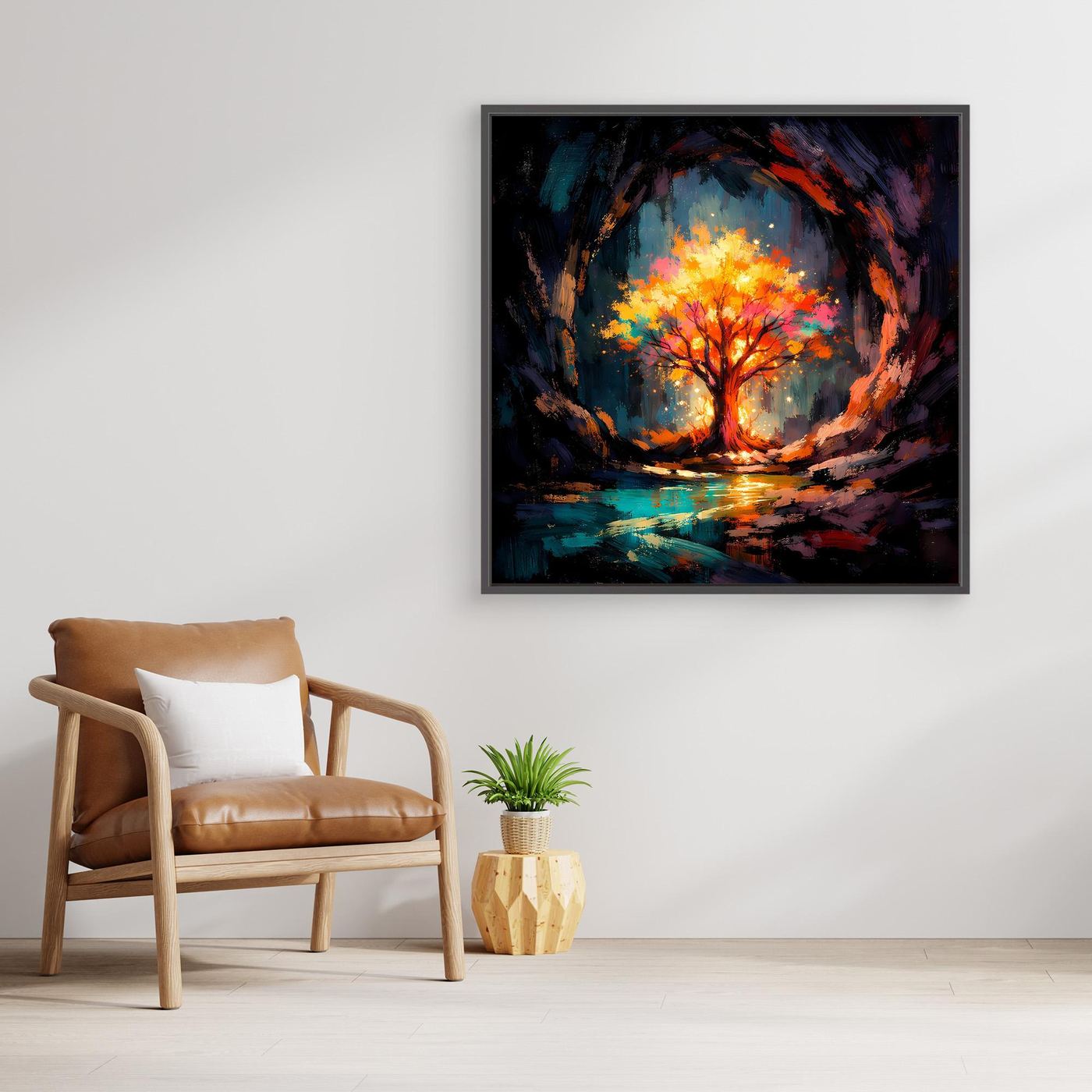 Abstract life tree canvas painting with glowing tree center, dark frame