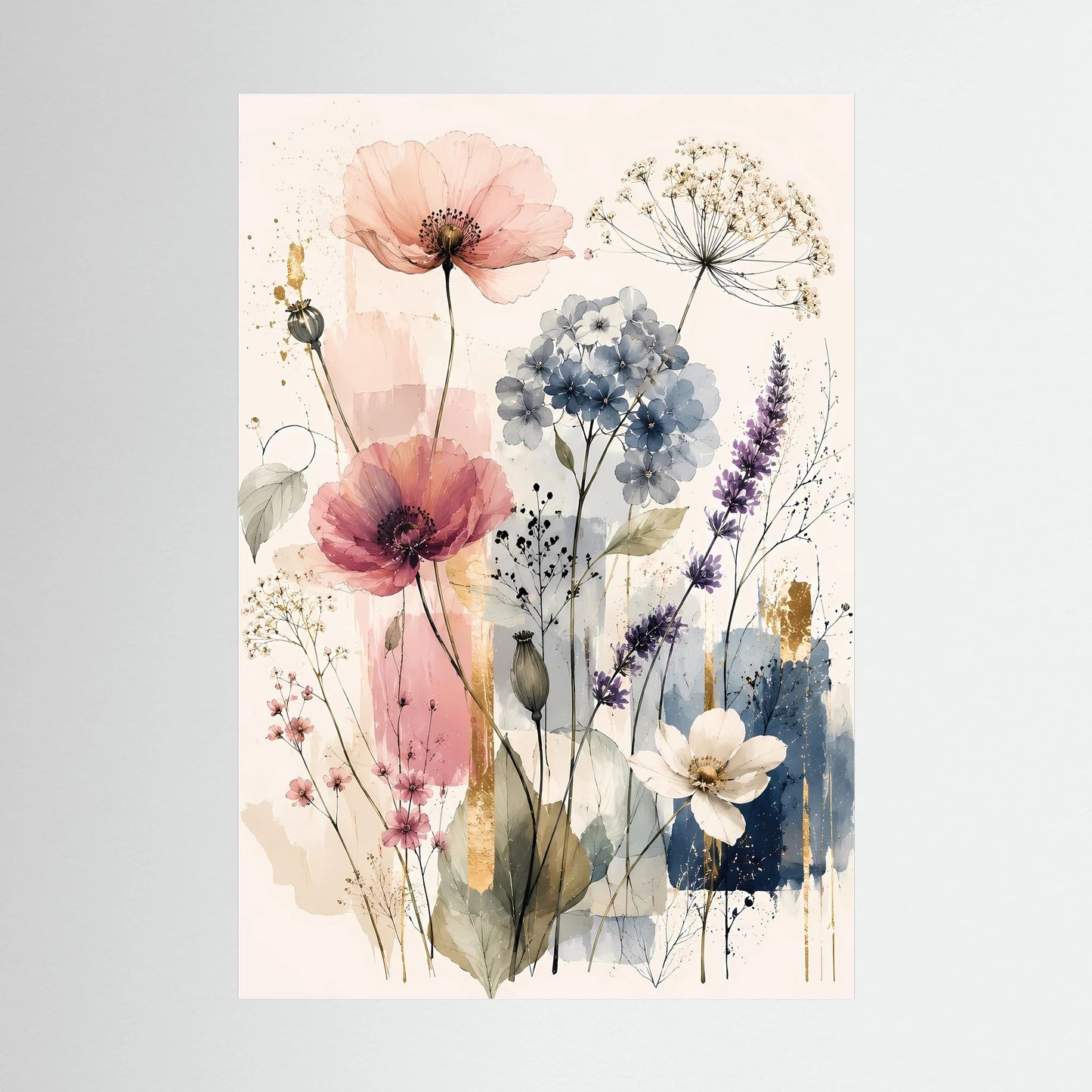 Hochformatiges Kunstposter mit Wildblumen in Pastellrosa, Blau und Lila, ungerahmt