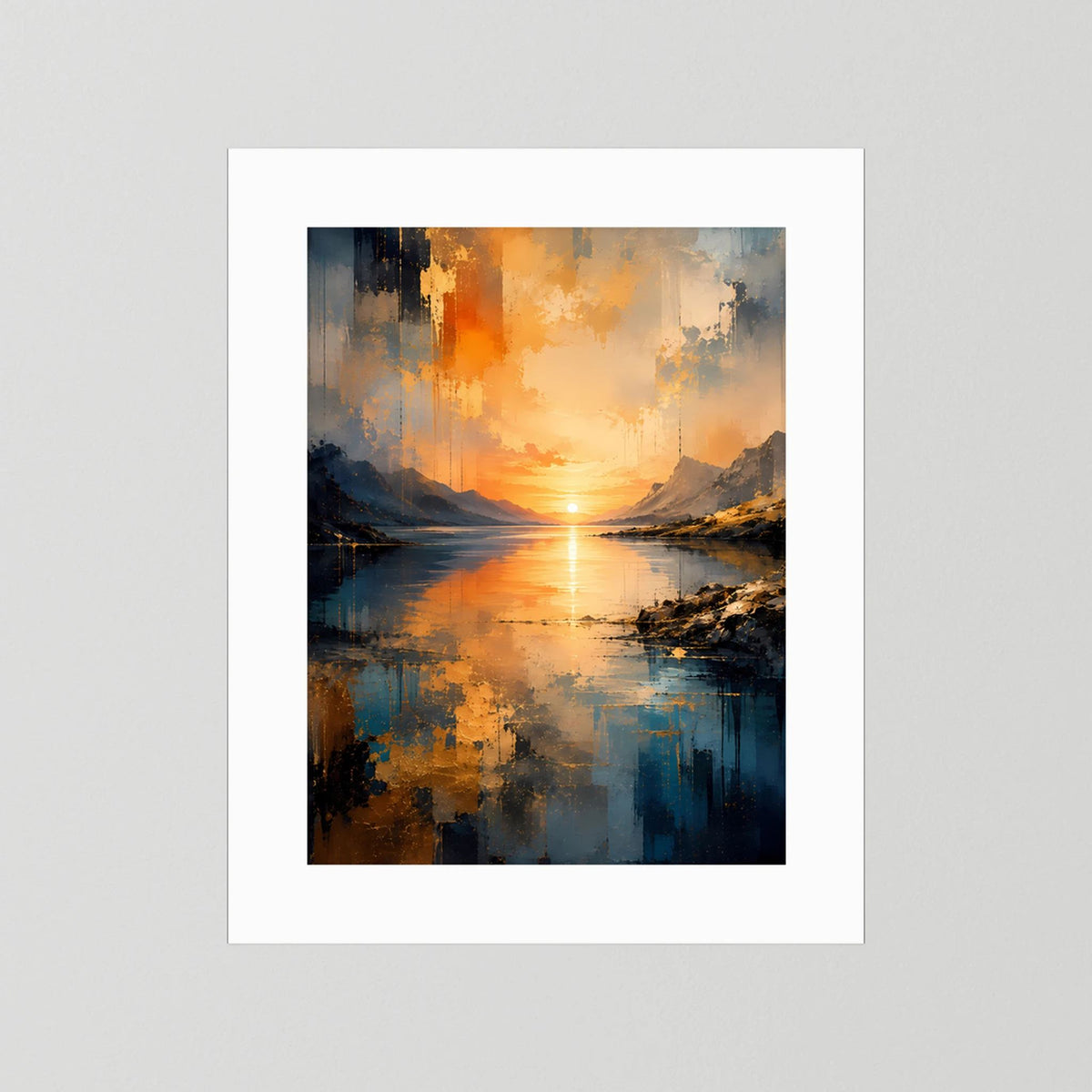 Hochformat-Poster mit weißem Rand: abstrakte Seelandschaft mit orangefarbenem Licht