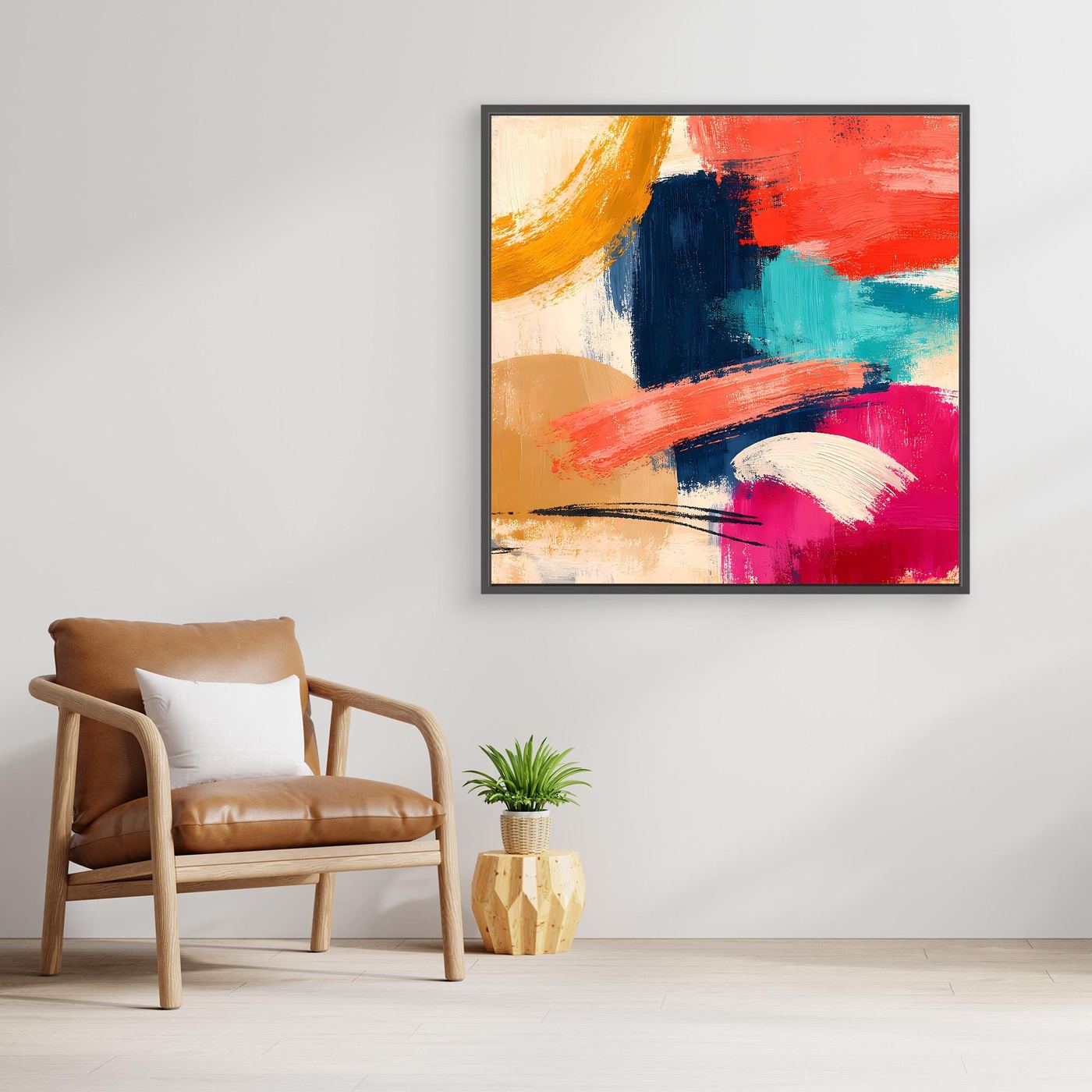 Quadratisches abstraktes Leinwand-Wandbild mit bunten Farbflächen und Pinselstrichen im Rahmen