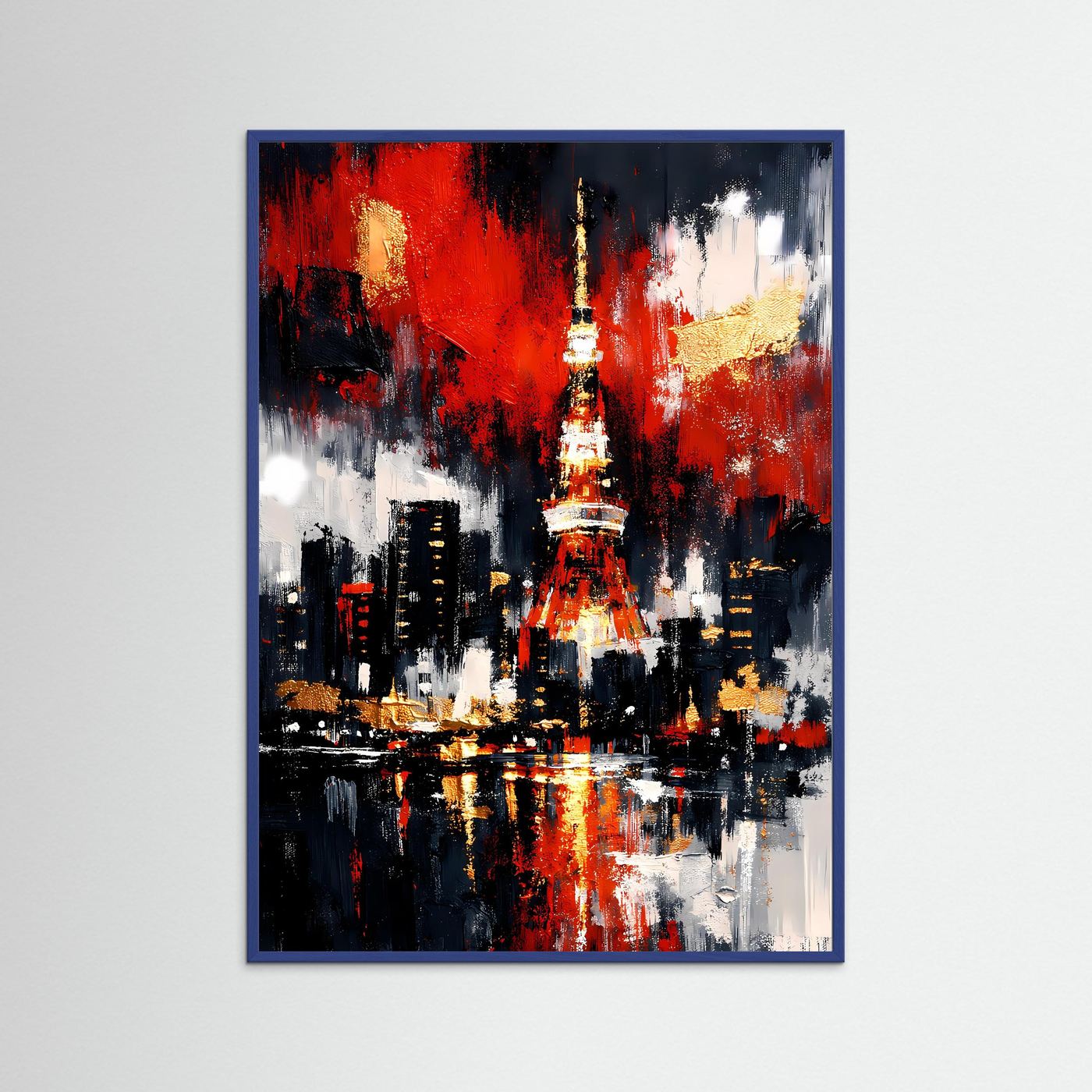 Abstraktes Skyline-Poster mit rotem und goldenem Turm, schwarzer Stadt und Wasserreflex; blauer Rahmen