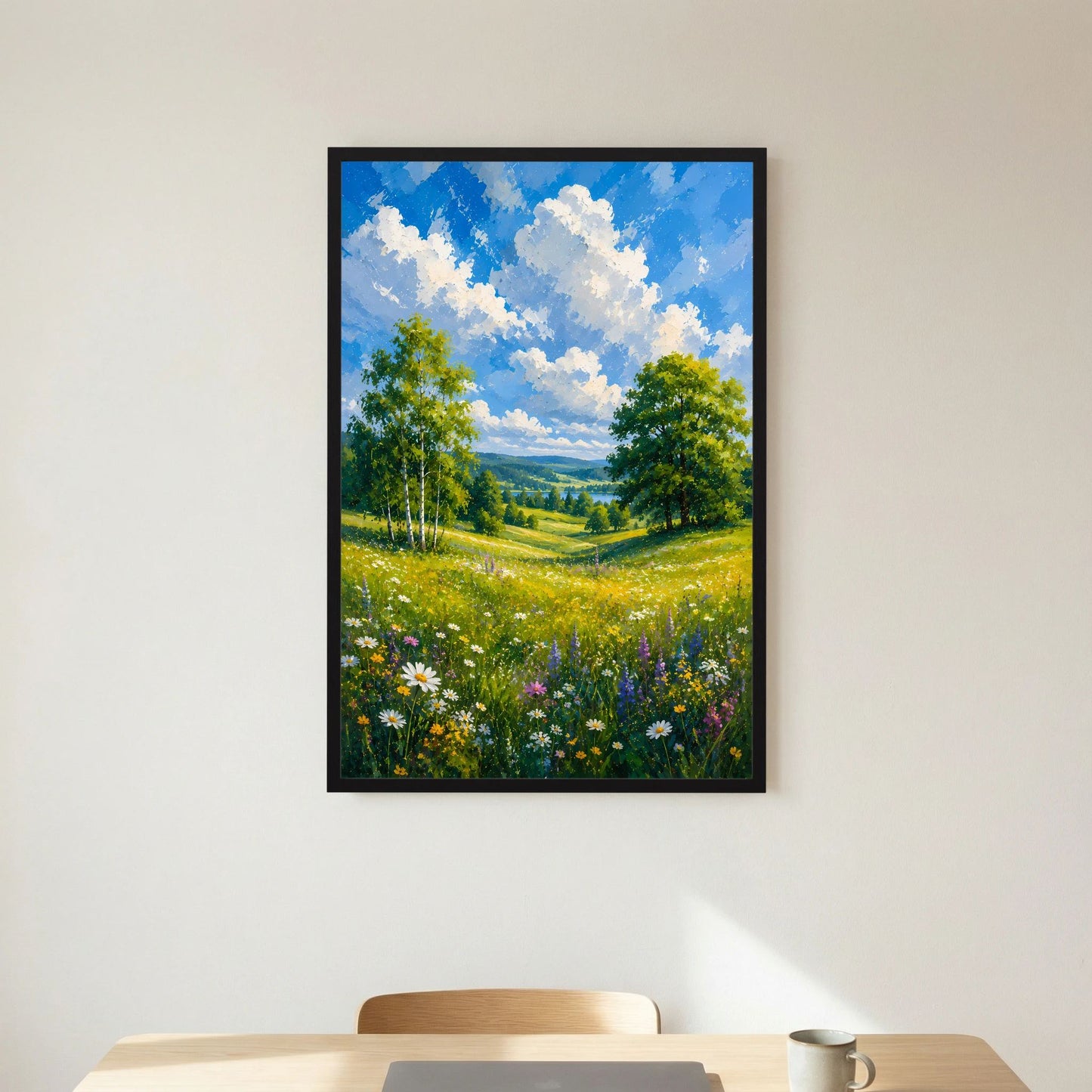 Kunstposter im schwarzen Rahmen, Motiv: Sommerwiese mit Birken und blühenden Blumen.