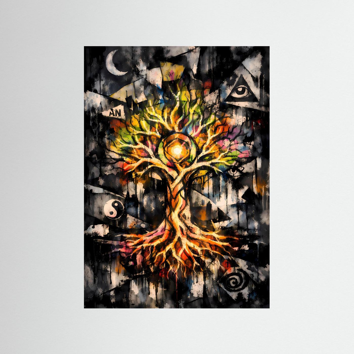 Die Harmonie des Kosmos | Mystisches Lebensbaum Poster mit spirituellen Symbolen | Abstraktes Kunstposter Hochformat