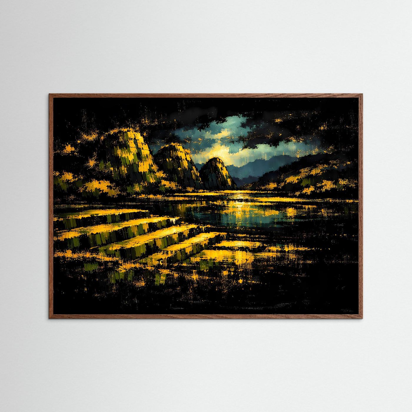 Goldene Nacht über dem Bergsee | Mystisches Natur & Landschaft Poster Querformat