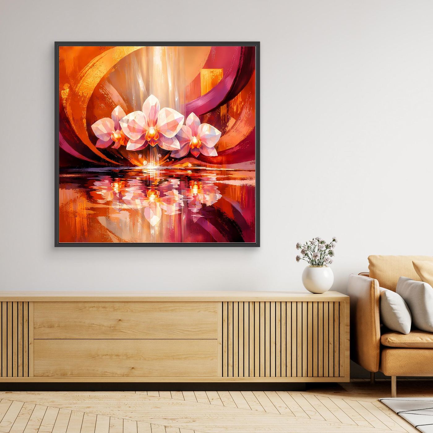 Leinwandbild mit abstrakten Orchideen, orange-purpurnem Motiv, schwarzer Rahmen
