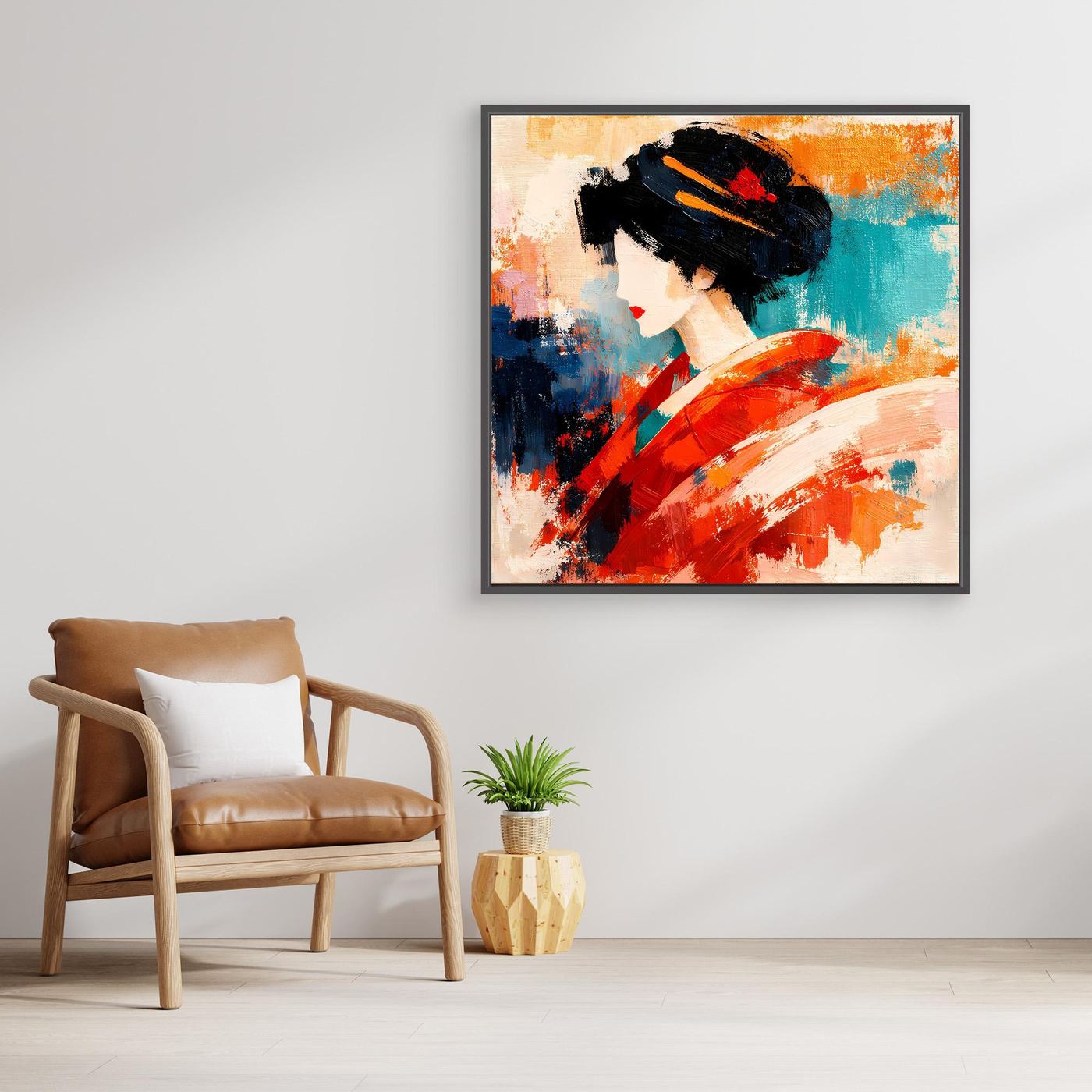 Black-framed square canvas wall art of a geisha in red kimono with teal and orange abstract