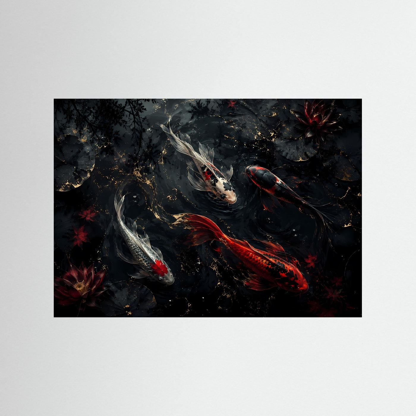 Koi-Karpfen im dunklen Lotus-Teich | Elegantes asiatisches Wandbild in Schwarz, Rot & Gold