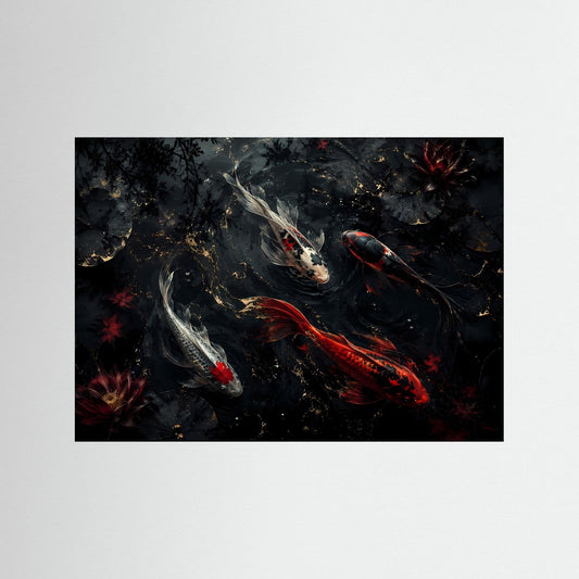Schwarz gerahmtes Wandbild mit Koi-Karpfen im dunklen Lotus-Teich, schwarz-rot, goldene Details