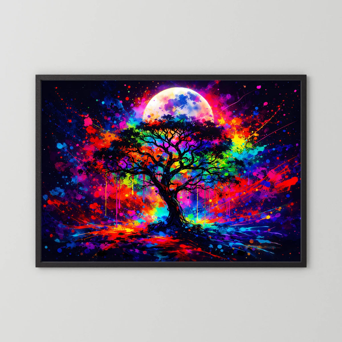 Gerahmtes Poster mit schwarzem Rahmen: Lebensbaum unter Vollmond im Neon-Color-Mix