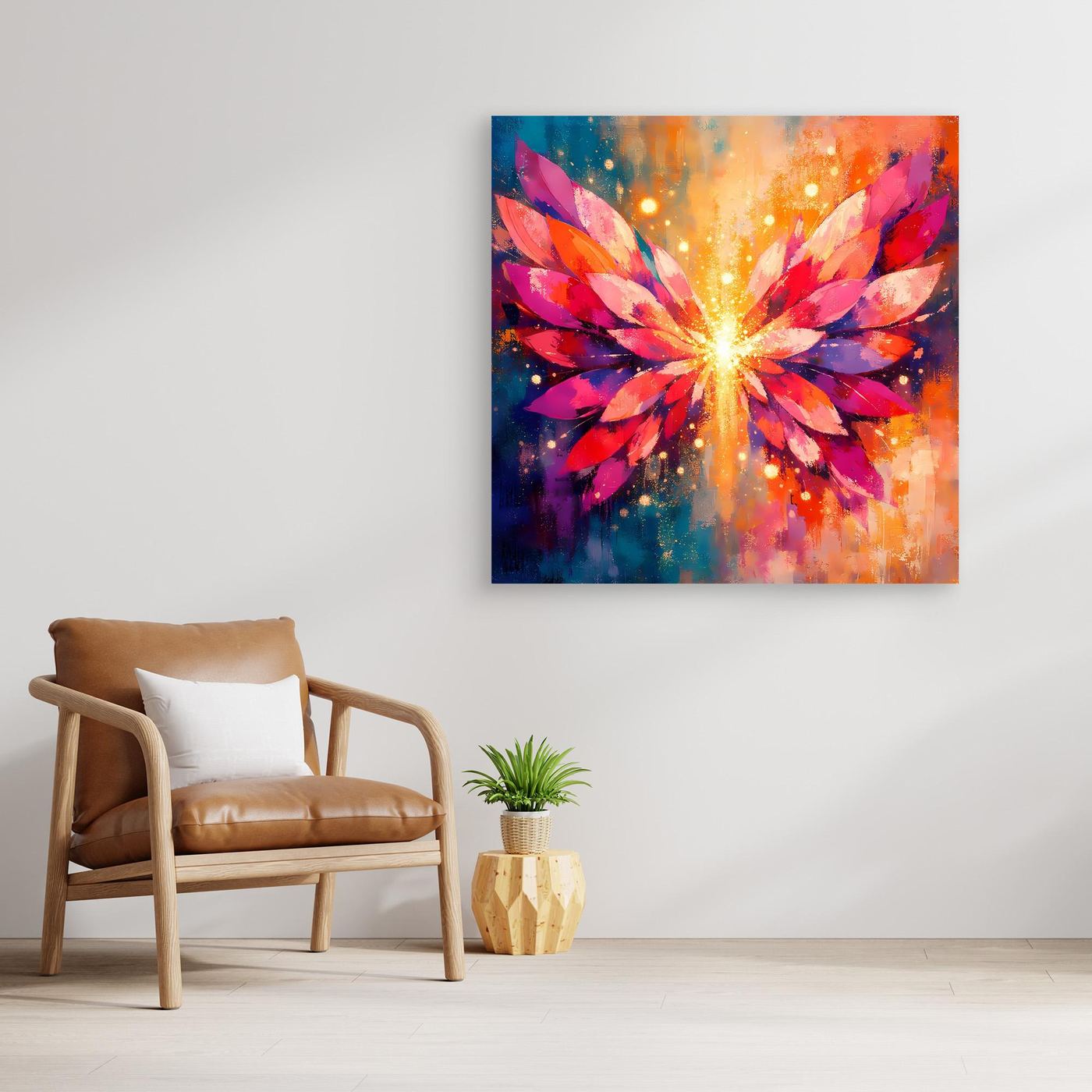 Quadratisches Leinwand-Wandbild mit Engelsflügeln im Lichtstrahl, Holzrahmen