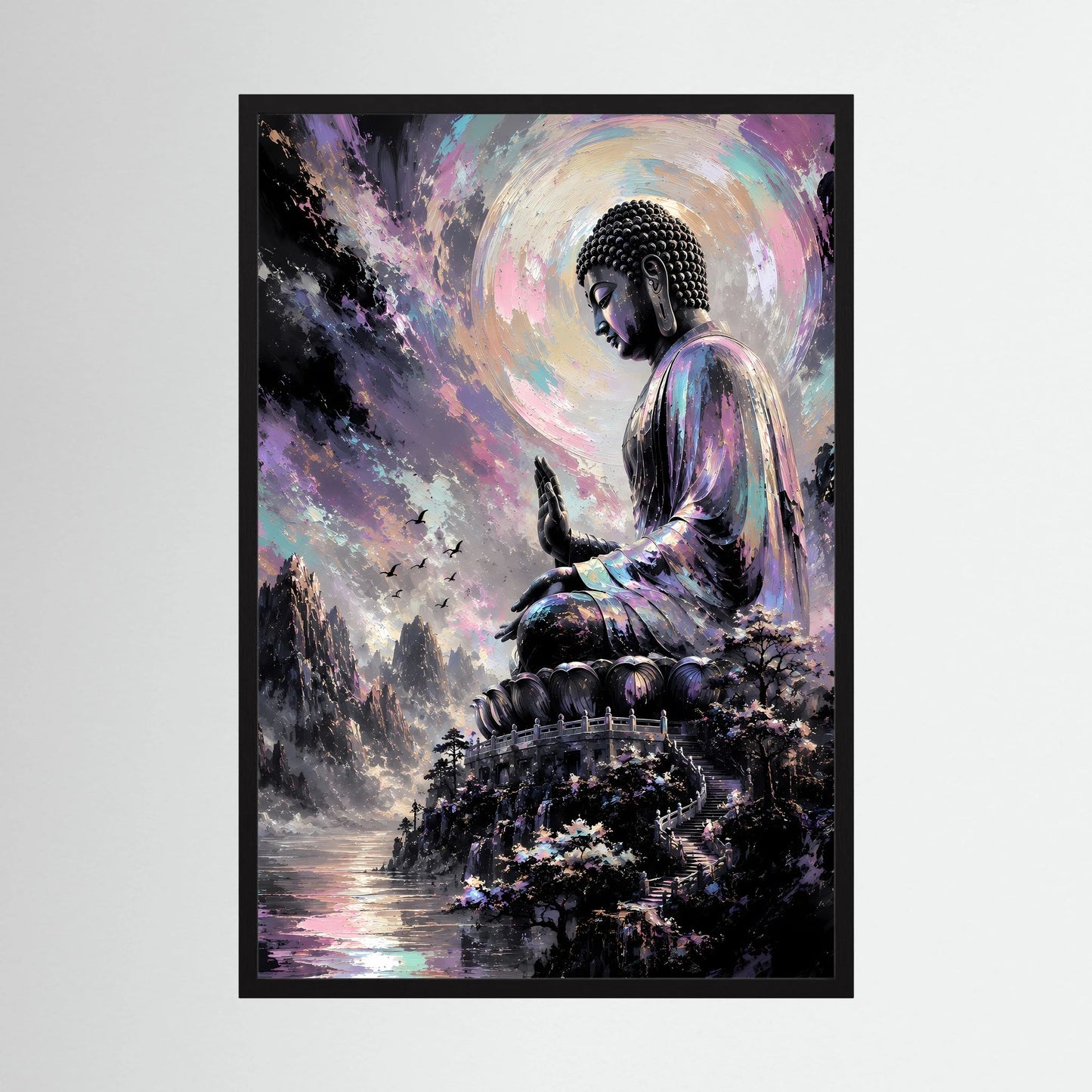 Kunstposter mit meditierendem Buddha in Pastellfarben, schwarzer Rahmen, Hochformat