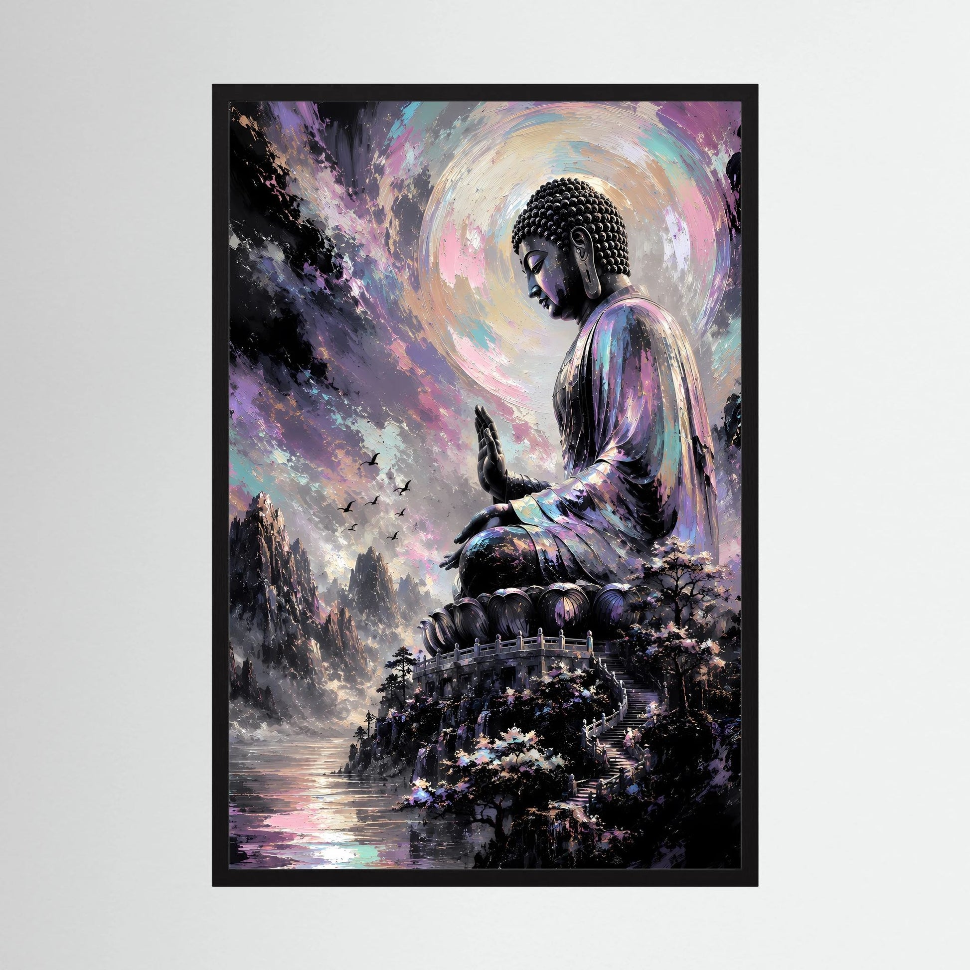 Kunstposter mit meditierendem Buddha in Pastellfarben, schwarzer Rahmen, Hochformat