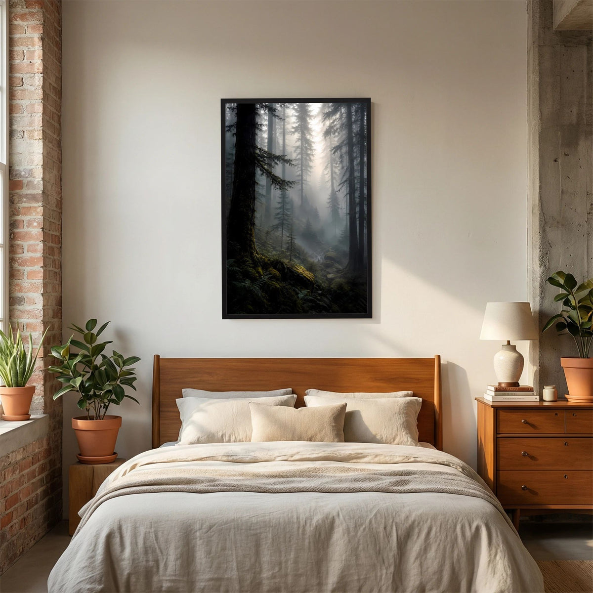 Poster im Hochformat mit dunklem Wald und Lichtstrahlen, schwarz gerahmt im Schlafzimmer