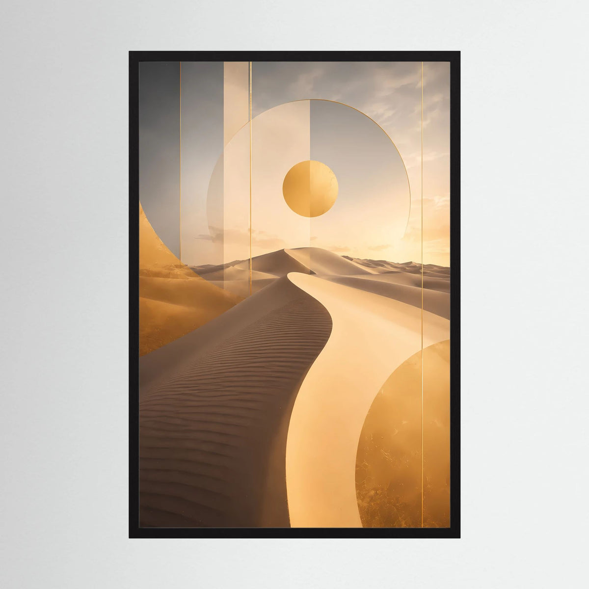 Vertikales Poster: abstrakte Dünenlandschaft mit goldener Sonne, schwarzer Rahmen
