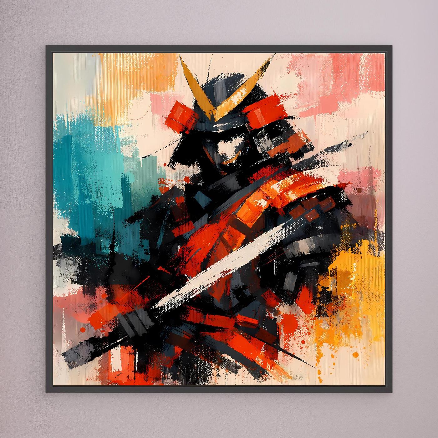 Wandbild auf Leinwand mit abstraktem Samurai-Krieger, schwarzer Rahmen