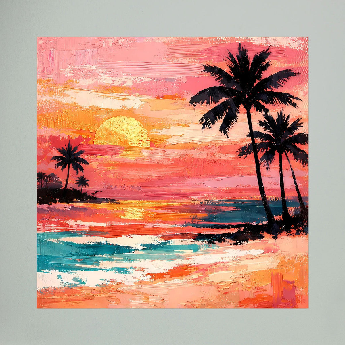 Leinwand-Wandbild: Palmen im Vordergrund, abstrakter Sonnenuntergang über dem Meer in Terrakotta.