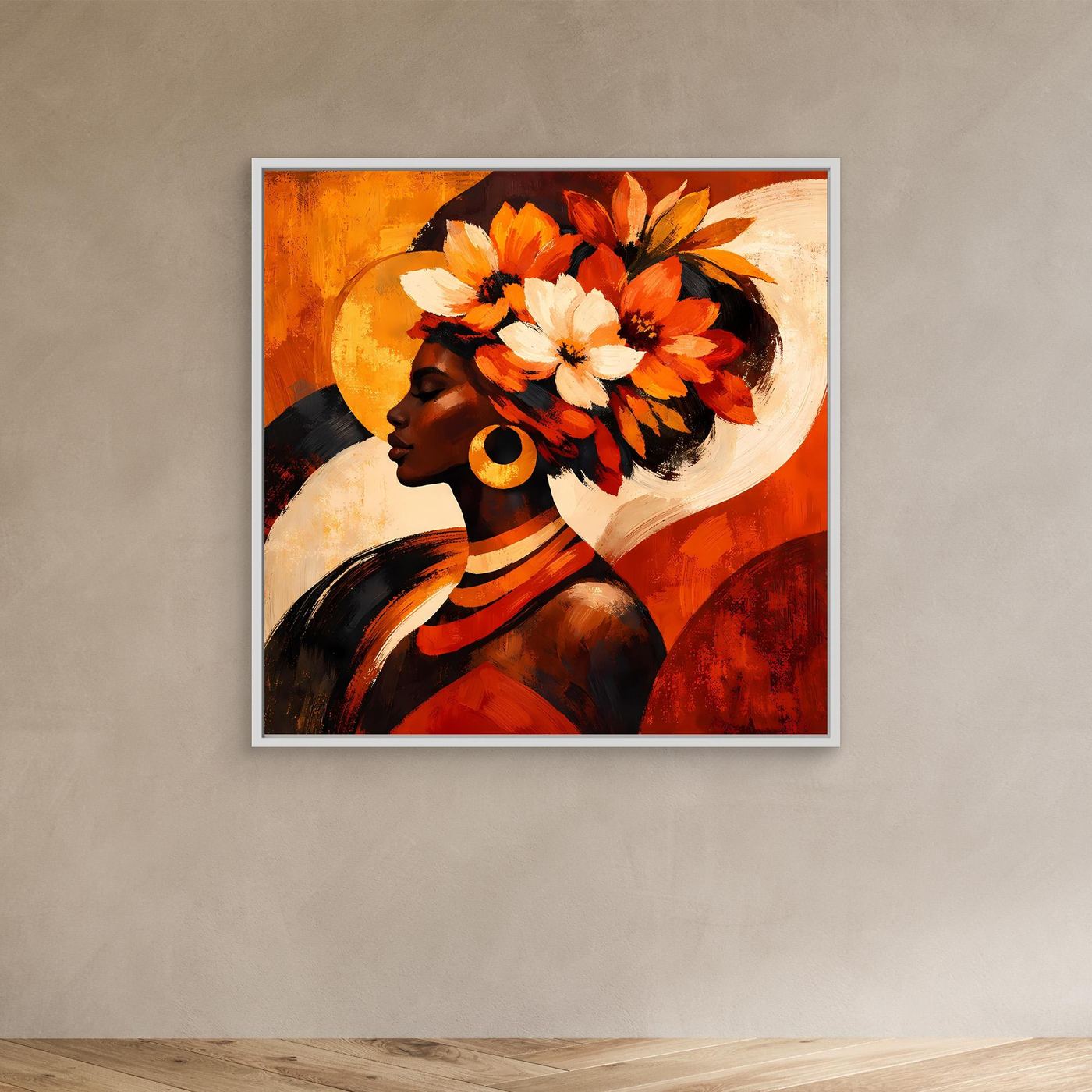 Leinwandbild mit Porträt einer Frau im Profil, orange-weißer Blumenkranz, mit weißem Rahmen