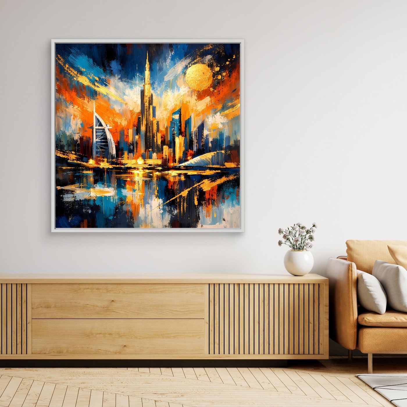 Leinwandbild mit abstrakter Dubai-Skyline, goldene Türme, weißer Rahmen