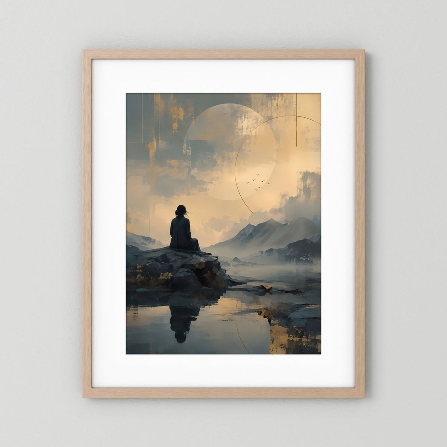 Poster im Hochformat mit hellem Holzrahmen und weißem Rand; abstrakte Berglandschaft mit Figur.