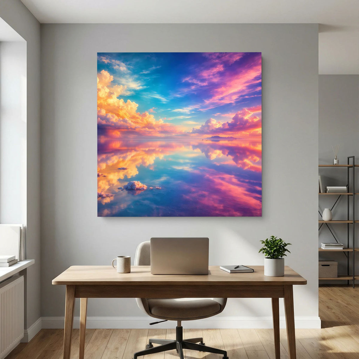 Leinwandbild auf Holzkeilrahmen: abstrakter Himmel mit reflektierten Wolken in Blau, Pink, Orange