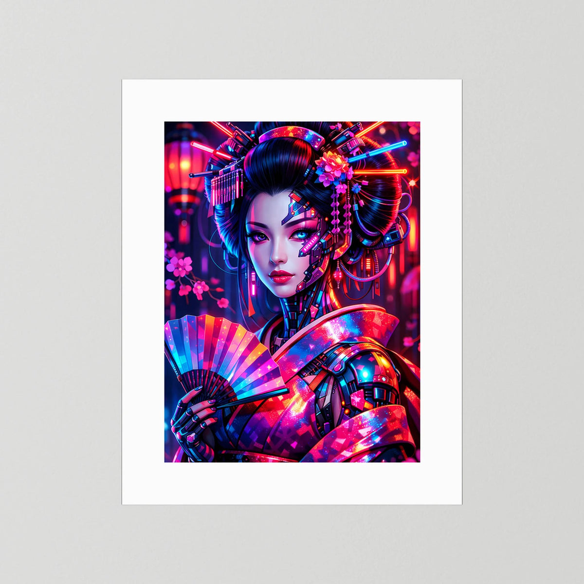 Neonkunst-Poster Cyber-Geisha, weiß hinterlegter Druck, Hochformat.