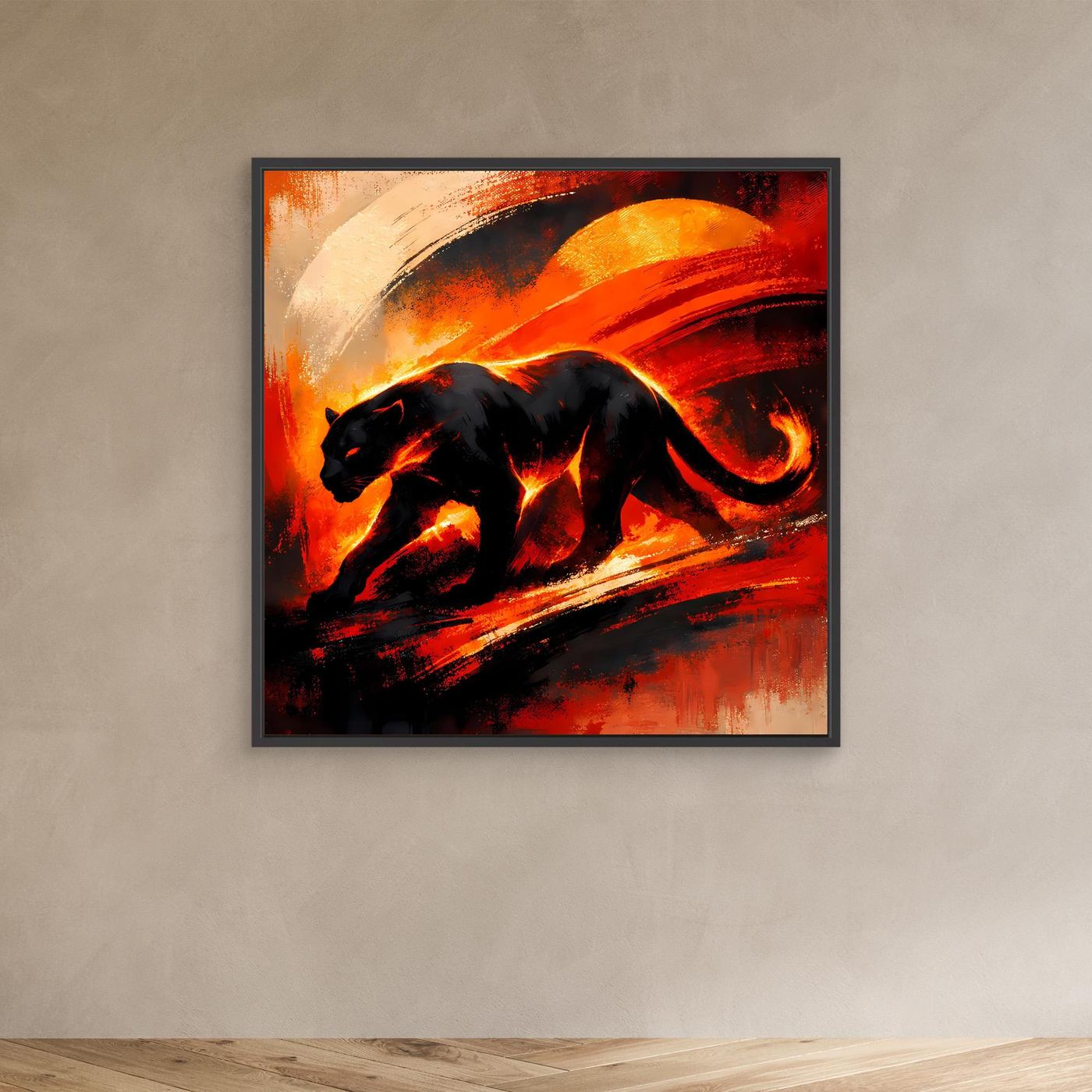 Leinwandbild mit schwarzem Panther in abstraktem Feuerrot im schwarzen Rahmen