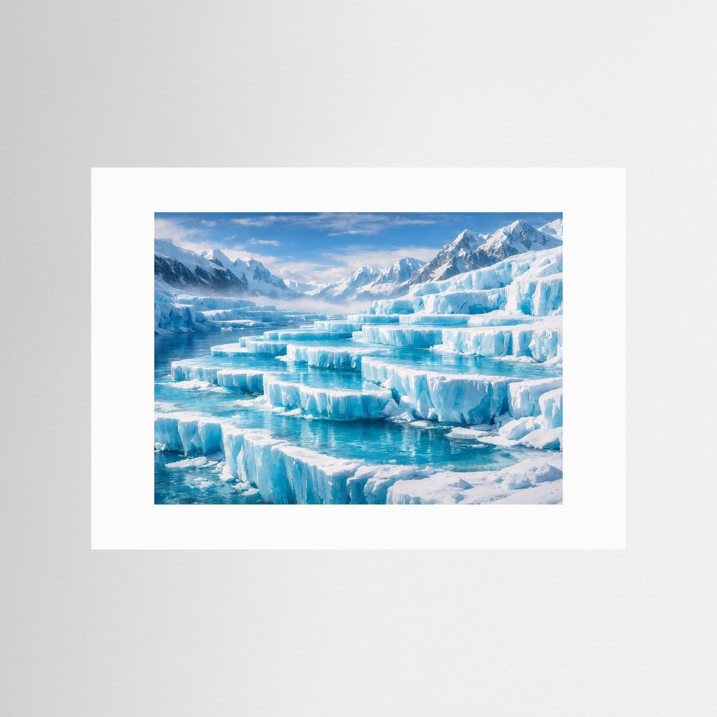Wandbild mit Gletscherlandschaft: eisige Berge und blaues Eis, weißer Rand