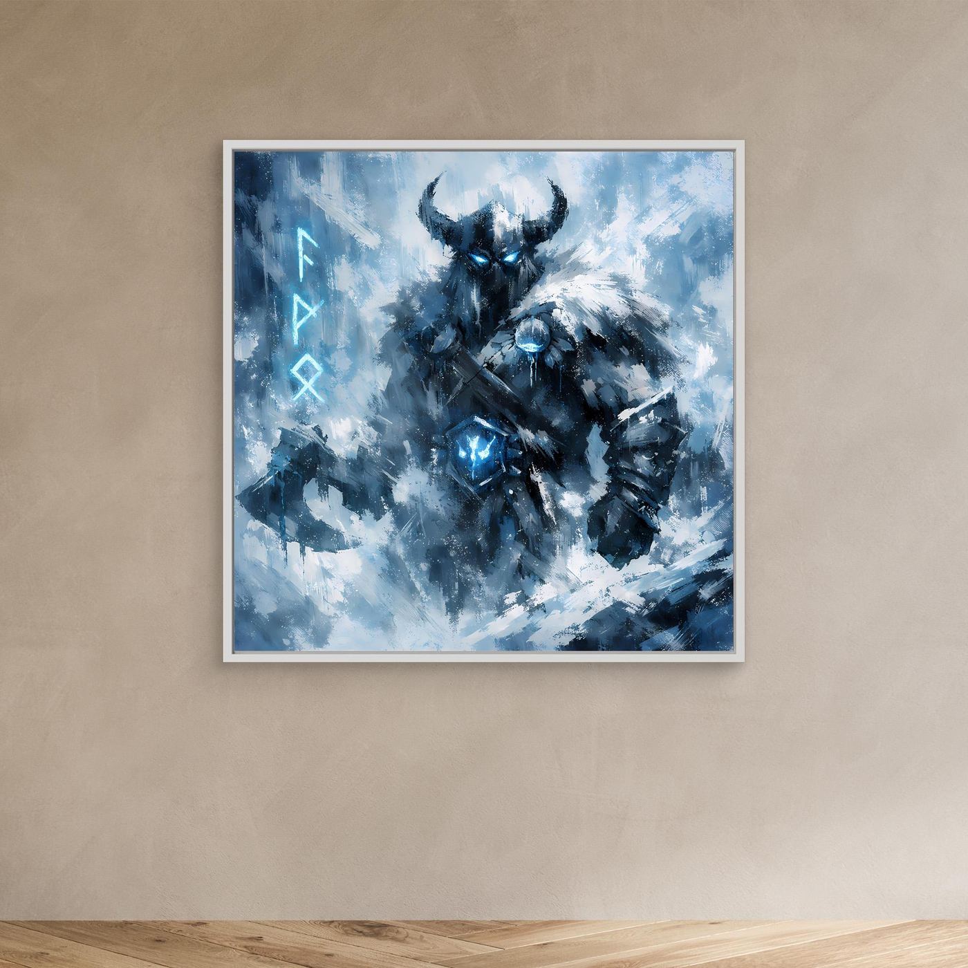 Wandbild mit weißem Rahmen: abstrakter Eiskrieger mit Geweihhelm und blauem Leuchten im Zentrum