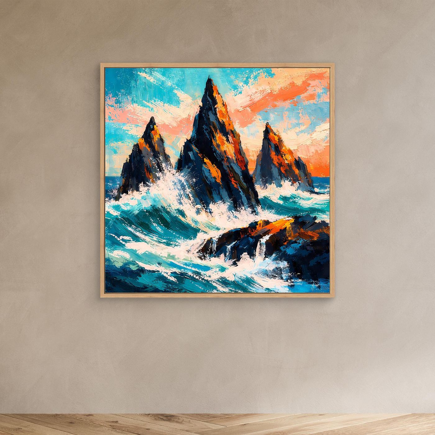 Wandbild mit abstrakten Felsen in der Brandung, türkis-orangen Farben, goldbrauner Rahmen