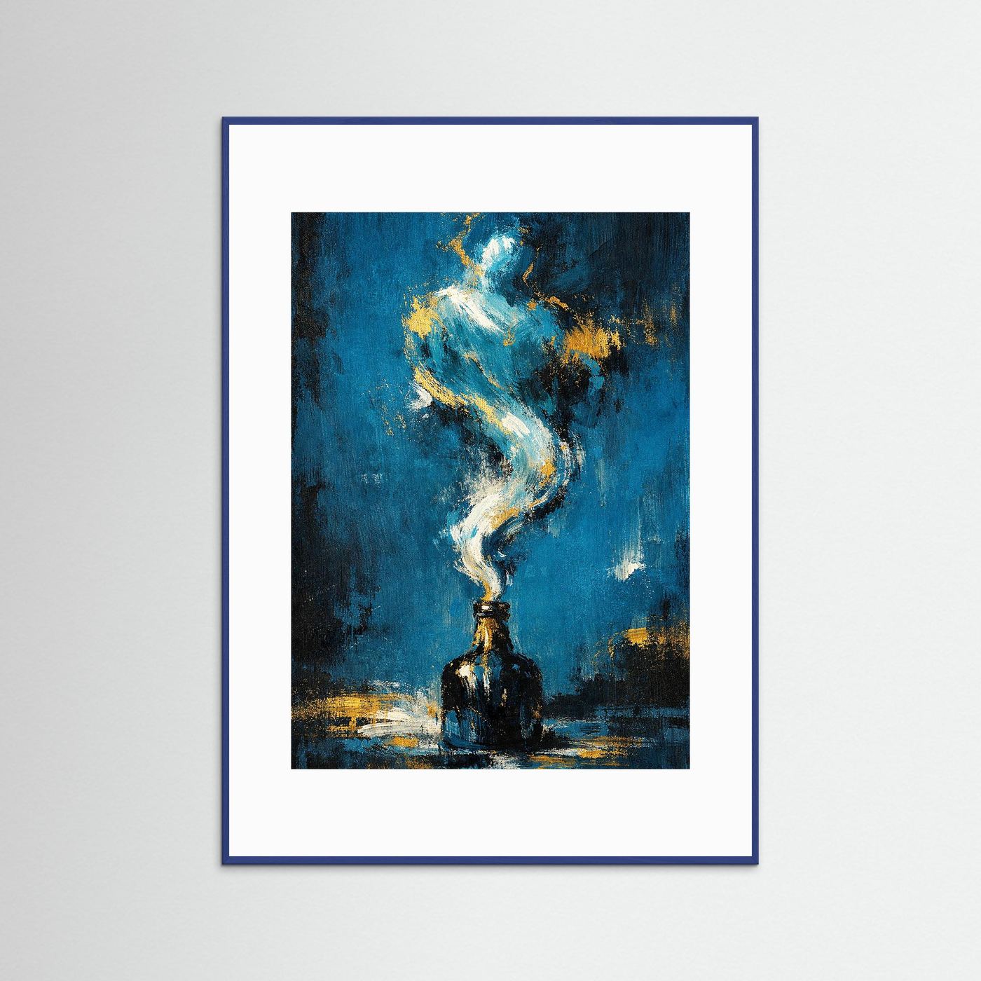 Hochformatiges Kunstposter im blauen Holzrahmen, abstrakter Dschinn in Blau mit Goldakzenten.