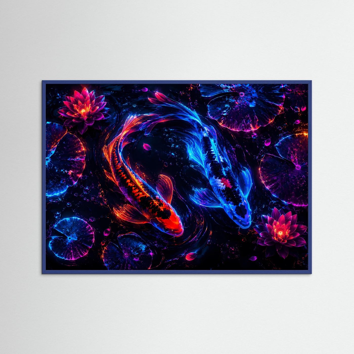 Neon Koi Yin Yang | Futuristisches Lotus-Wandbild in Blau, Pink & Orange