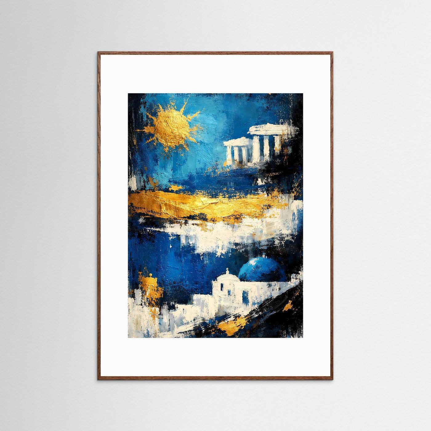 Abstraktes Griechenland-Poster: Azurblau mit Tempelmotiv, gelbe Sonne, brauner Rahmen