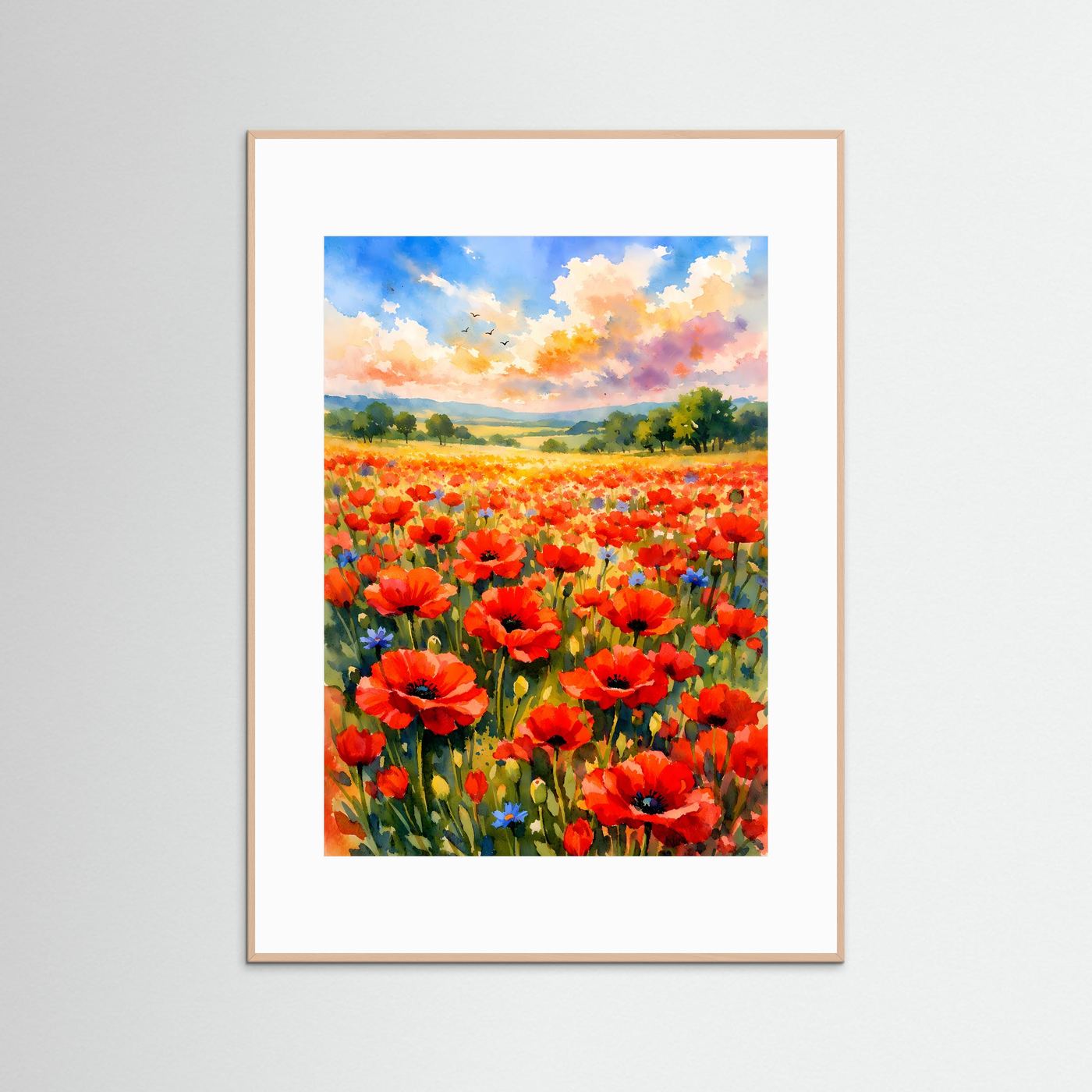 Poster im Hochformat mit Mohnblumen-Wiese und Landschaft, rosafarbener Holzrahmen
