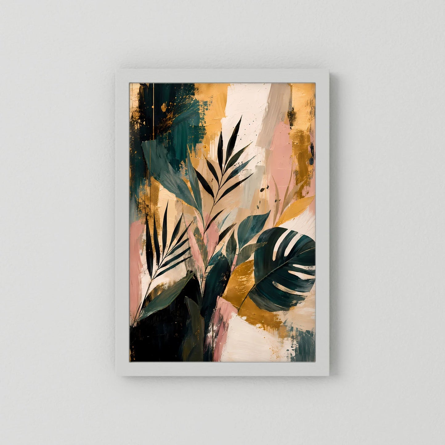 Abstrakte tropische Blätter | Botanische Kunst in Petrol, Rosa und Gold | Poster Hochformat