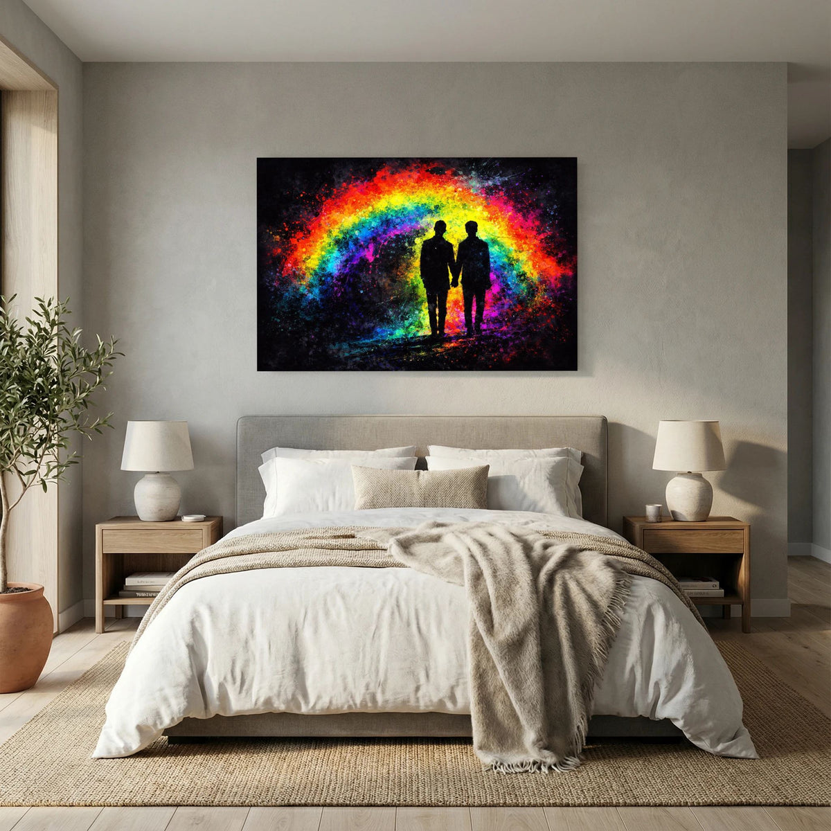 Gerahmtes Wandbild über dem Bett: Silhouettenpaar vor Regenbogenlicht, abstraktes Spritzdesign