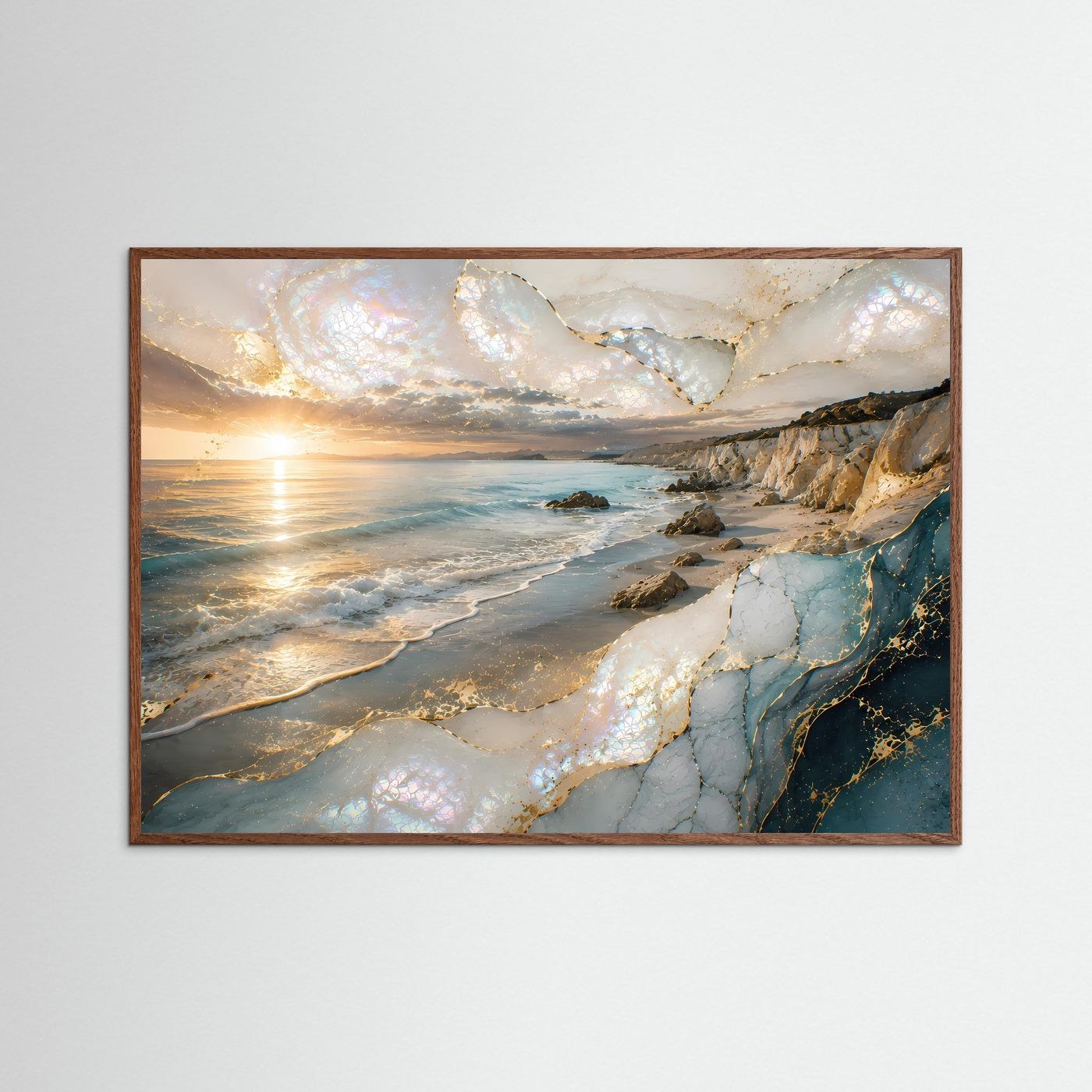 Poster Querformat: Küstenlandschaft mit Perlmutt-Texturen und Goldlicht, Meer und Klippen, Holzrahmen