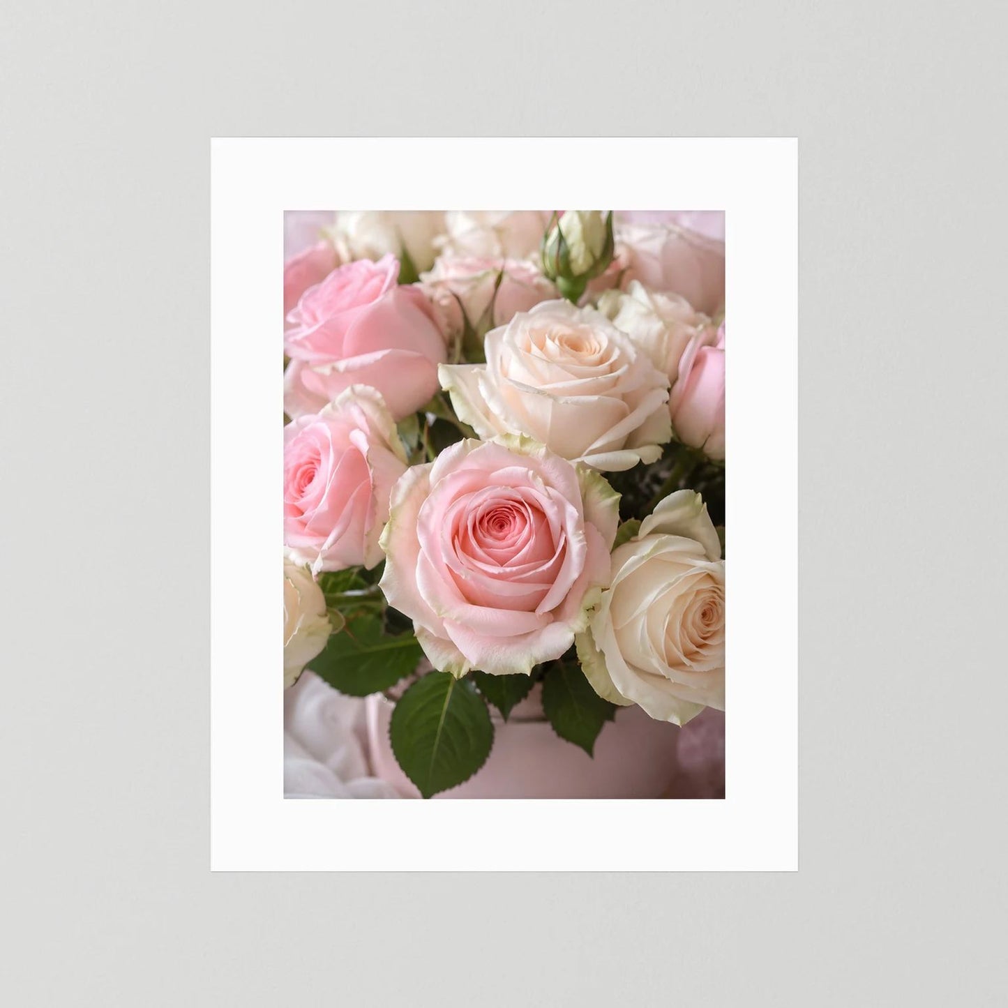 Weiß gerahmtes Rosenposter: rosa und weiße Rosen im Bouquet, hochformatig.