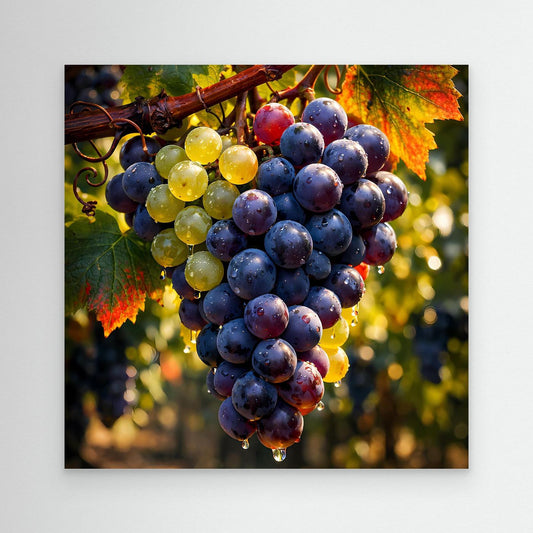 Wandbild mit Weinreben und Weintrauben, blaue und gelbe Beeren, Herbstblätter