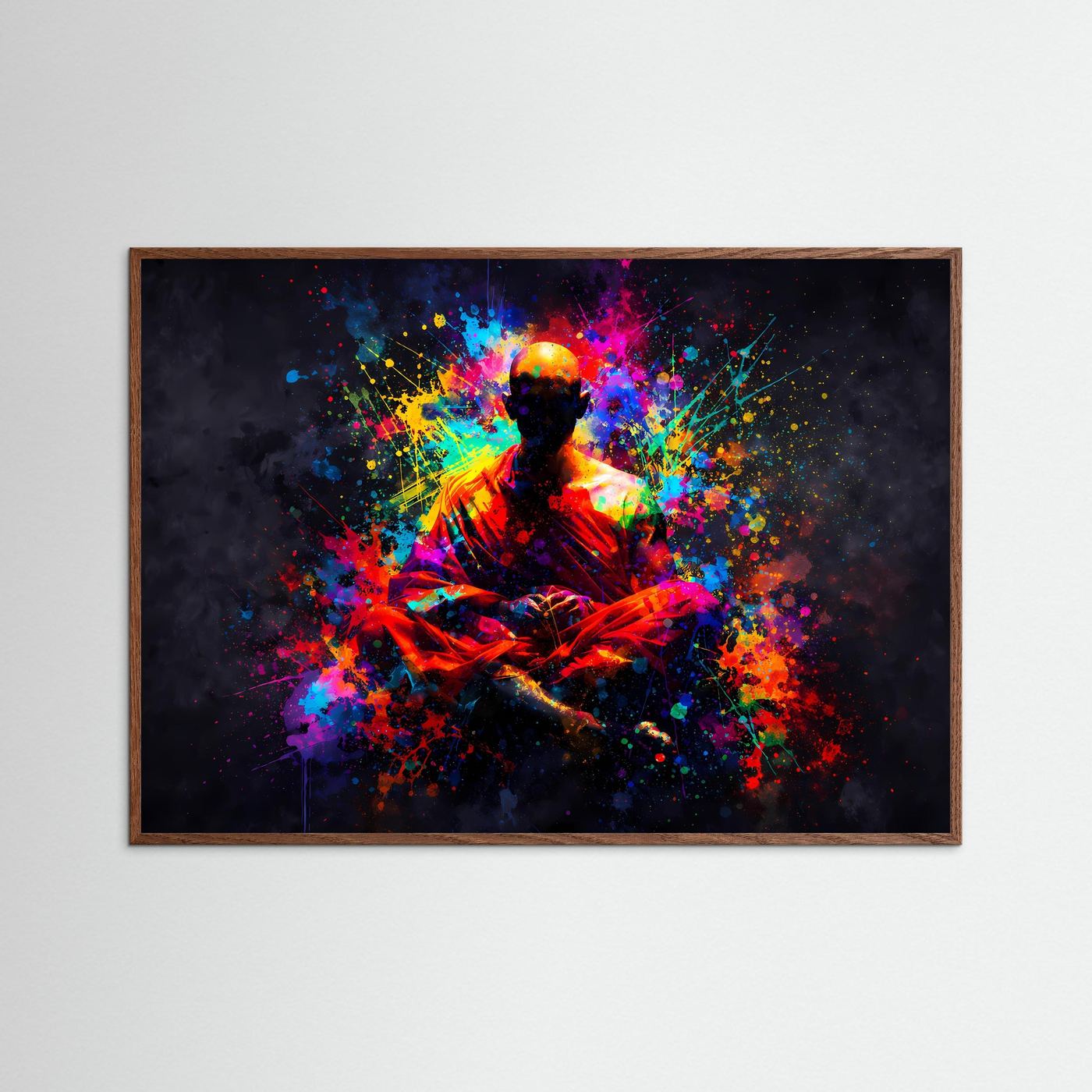 Kunstposter mit meditierendem Buddha im Farb-Sprühfeuerwerk, dunkler Eichenrahmen