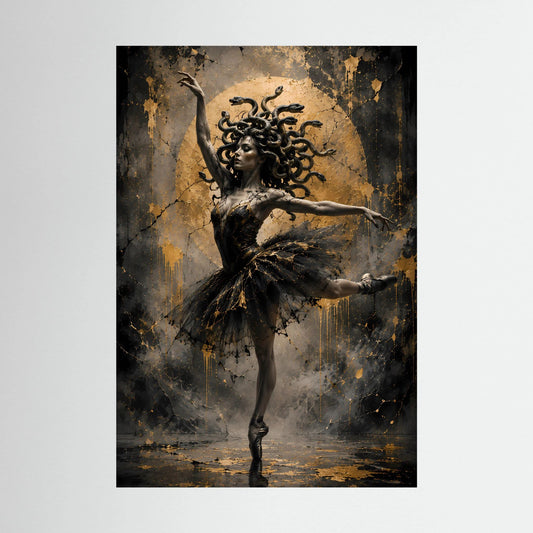 Hochformat-Poster der tanzenden Ballerina mit Schlangenhaaren in Schwarz und Gold, ohne Rahmen