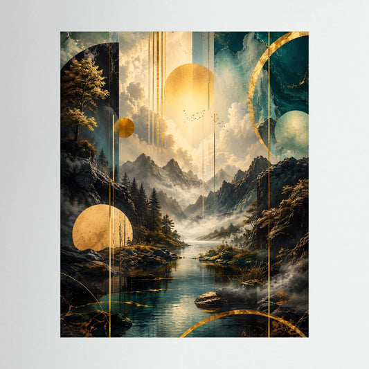 Hochformatiges Poster mit abstrakter Berglandschaft in Petrol und Gold, geometrische Kreise