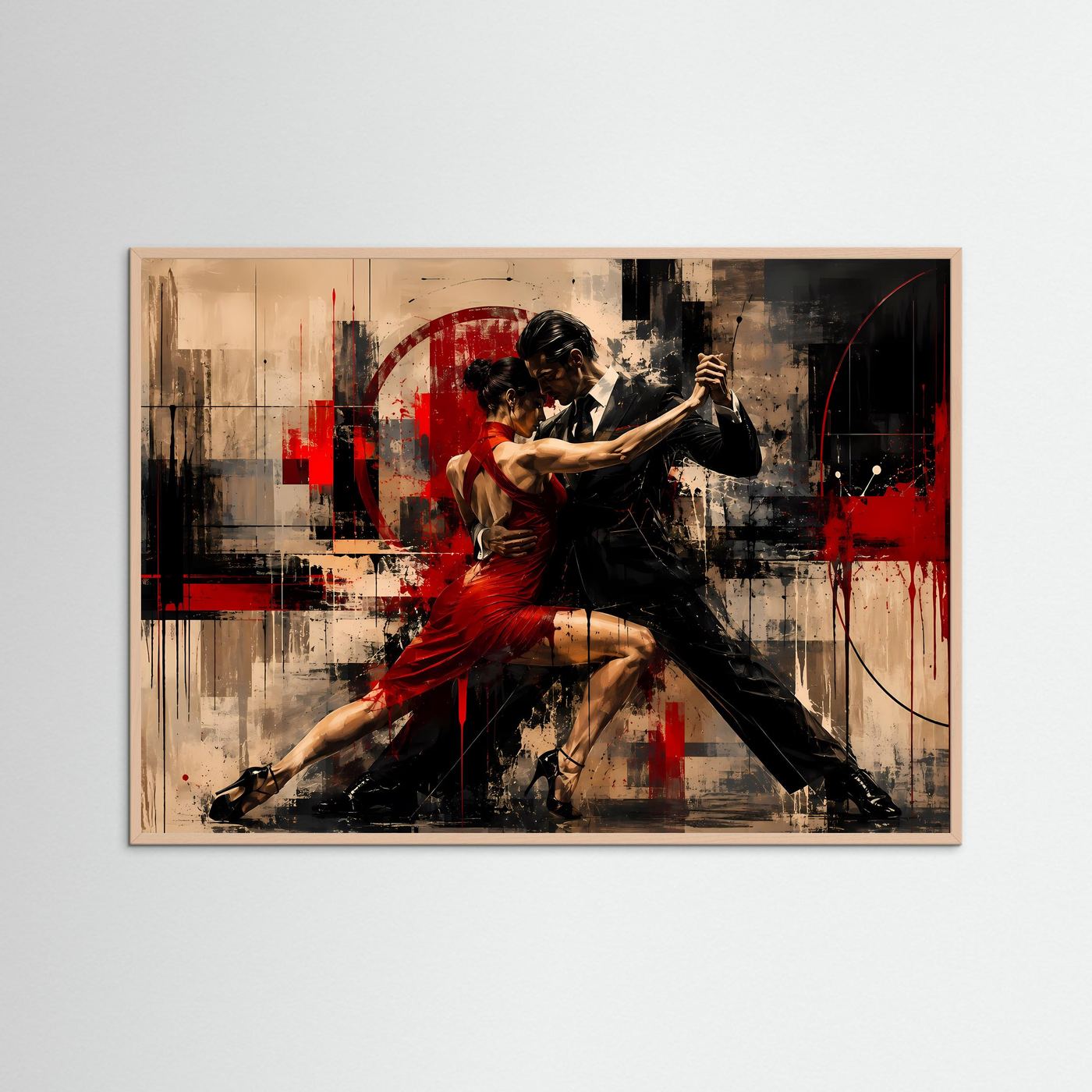 Leidenschaftliches Tango-Paar in Rot & Schwarz | Abstraktes Tanz Poster im Querformat | Modernes Wandbild
