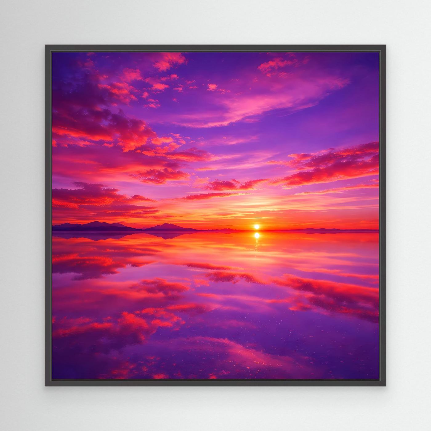 Leinwandbild mit Sonnenuntergangsmotiv, bunte Wolken und tiefes Lila, schwarzer Rahmen