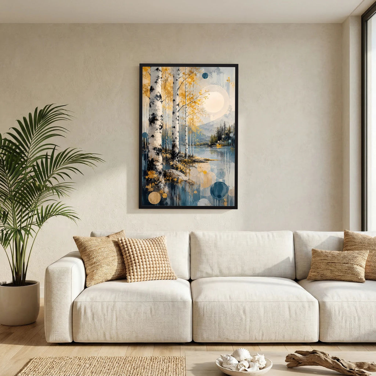 Poster im Hochformat mit abstraktem Waldmotiv, gold- und blautonig, schwarzer Rahmen