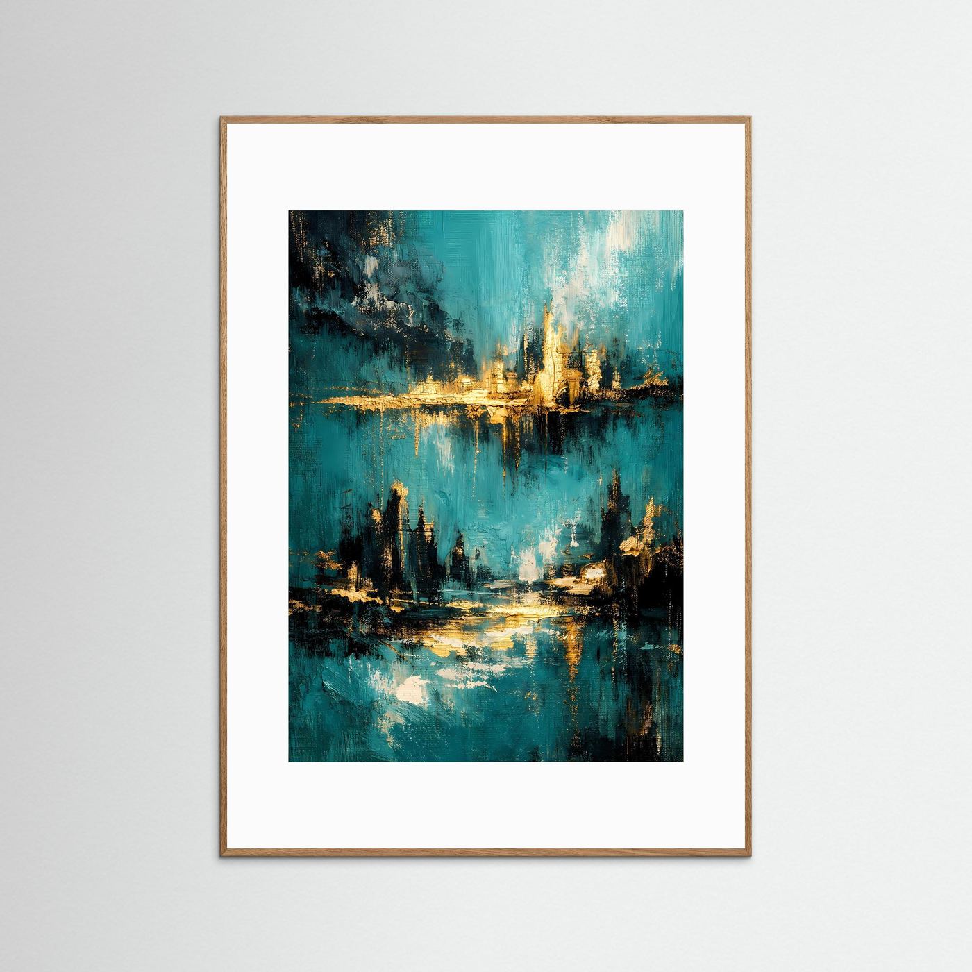 Hochformat-Poster mit abstraktem Meer in Türkis, Petrol und Gold, naturfarben gerahmt