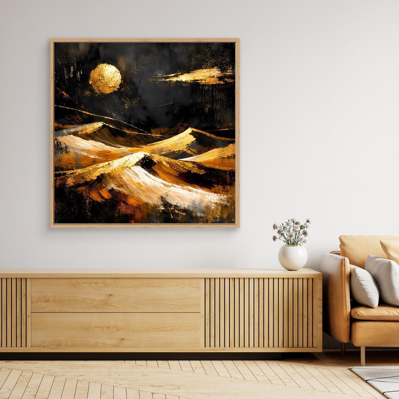 Leinwand Goldene Wüstenlandschaft bei Nacht | Abstraktes Dünen Wandbild Modern